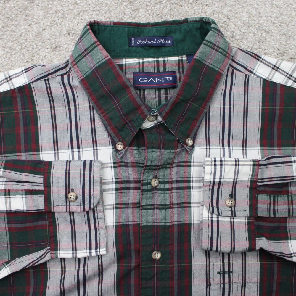 GANT Shirt Mens Large Red & Green Foxhunt Plaid Cotton/Poly Long Sleeve Button